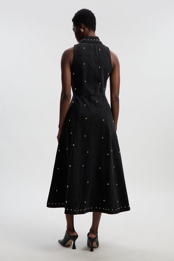 Karen Millen Denim Studded Sleeveless Midi Dress Black