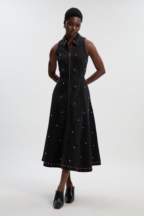 karen millen Denim Studded Sleeveless Midi Dress black