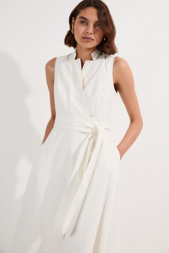 Karen Millen Denim Tailored Notch Neck Belted Fluid Midi Dress Ivory