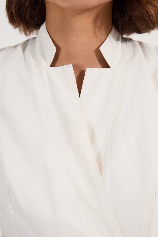 Karen Millen Denim Tailored Notch Neck Belted Fluid Midi Dress Ivory