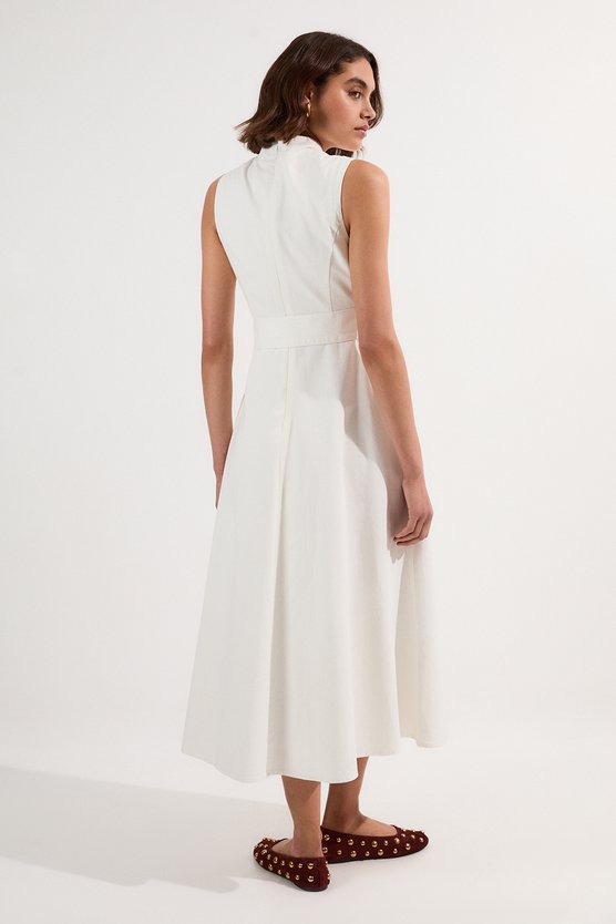 Karen Millen Denim Tailored Notch Neck Belted Fluid Midi Dress Ivory