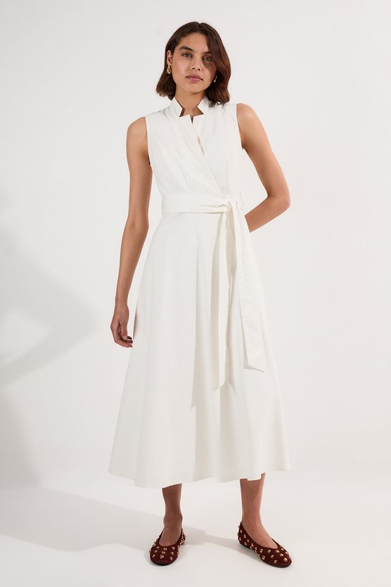 karen millen Denim Tailored Notch Neck Belted Fluid Midi Dress ivory