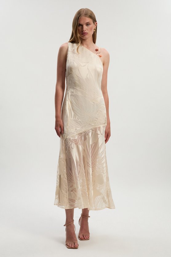 Karen Millen Devoure One Shoulder Woven Maxi Dress With Trim Detail Champagne