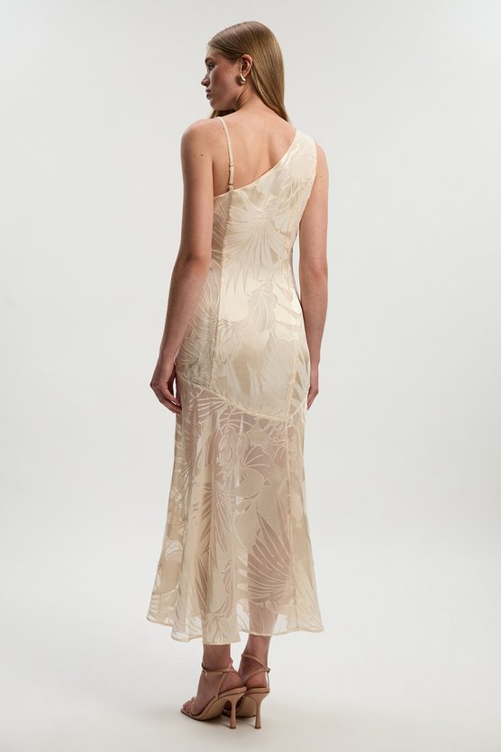 Karen Millen Devoure One Shoulder Woven Maxi Dress With Trim Detail Champagne