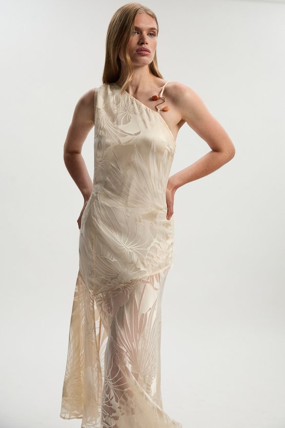 karen millen Devoure One Shoulder Woven Maxi Dress With Trim Detail champagne