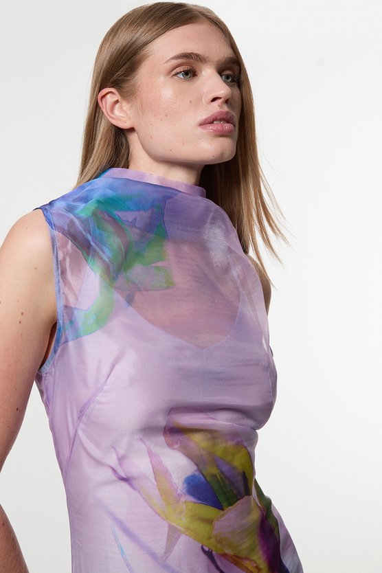 Karen Millen Digital Ophelia Floral Organdie High Neck Maxi Dress Floral