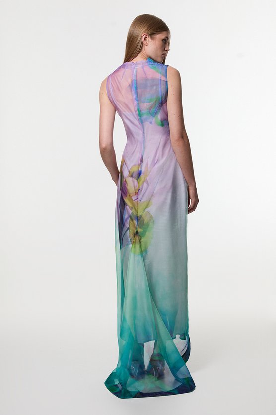 Karen Millen Digital Ophelia Floral Organdie High Neck Maxi Dress Floral