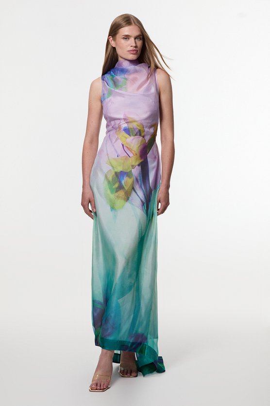 karen millen Digital Ophelia Floral Organdie High Neck Maxi Dress floral