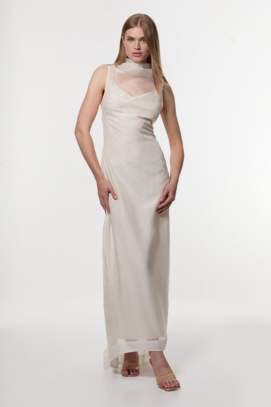 Karen Millen Digital Ophelia Organdie High Neck Maxi Dress Ivory