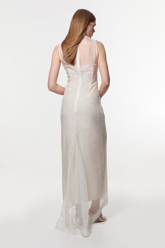 Karen Millen Digital Ophelia Organdie High Neck Maxi Dress Ivory