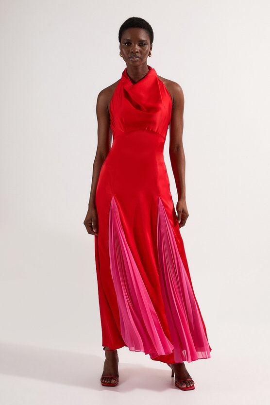 Karen Millen Drama Halter Pleat Insert Woven Maxi Dress Red