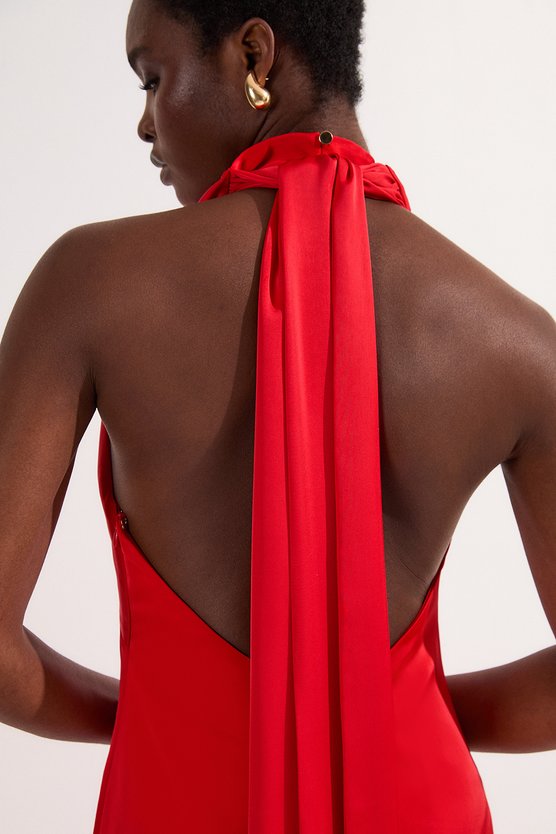 Karen Millen Drama Halter Pleat Insert Woven Maxi Dress Red