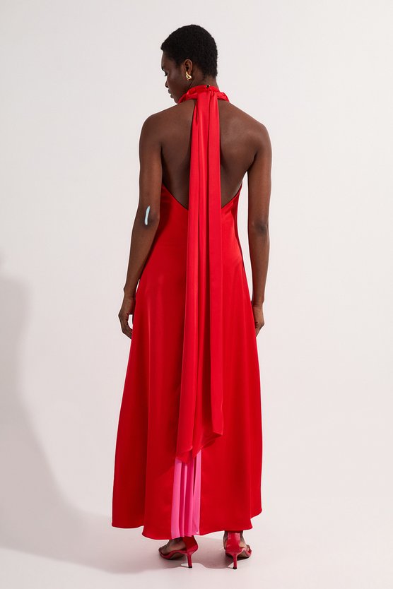 Karen Millen Drama Halter Pleat Insert Woven Maxi Dress Red