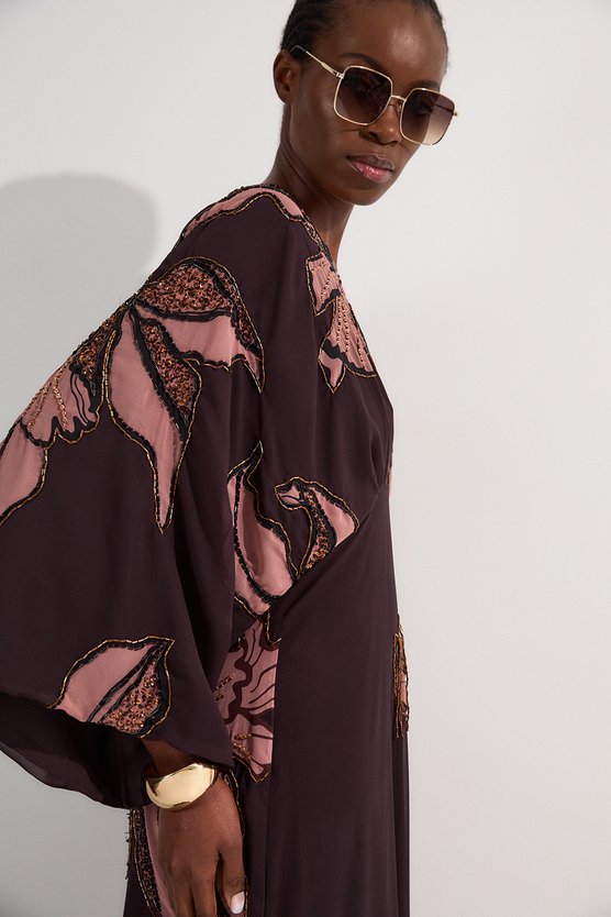 Karen Millen Drama Kimono Sleeve Printed And Beaded Woven Maxi Dress Chocolate