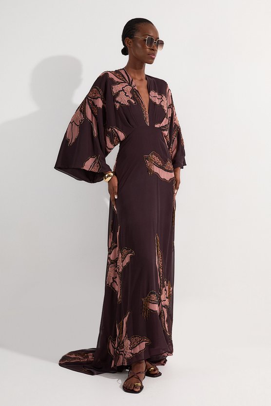 Karen Millen Drama Kimono Sleeve Printed And Beaded Woven Maxi Dress Chocolate