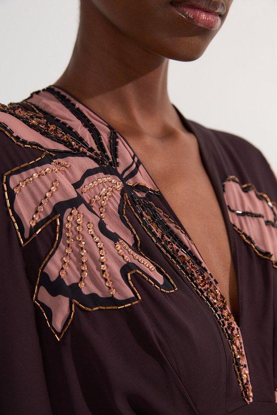 Karen Millen Drama Kimono Sleeve Printed And Beaded Woven Maxi Dress Chocolate