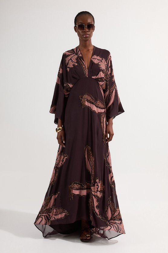karen millen Drama Kimono Sleeve Printed And Beaded Woven Maxi Dress chocolate