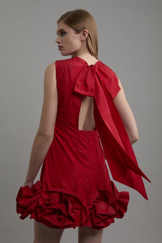 Karen Millen Drama Taffeta Rosette Woven Mini Dress With Bow Detail Red