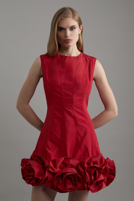 karen millen Drama Taffeta Rosette Woven Mini Dress With Bow Detail red