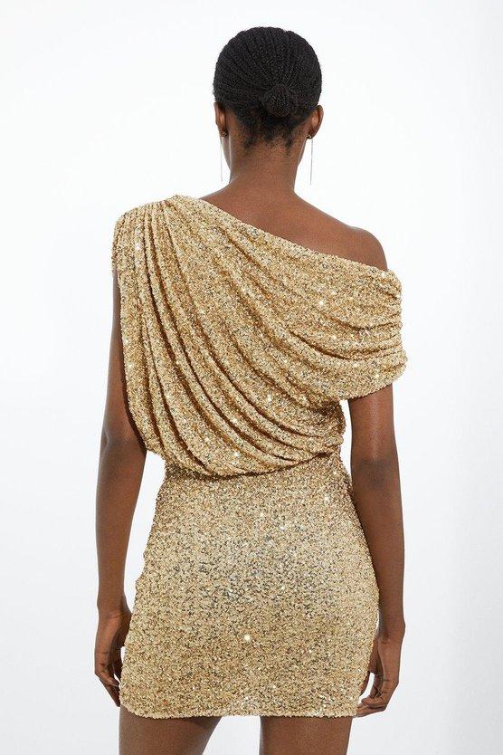Karen Millen Draped One Shoulder Jersey Stretch Sequin Mini Dress Gold