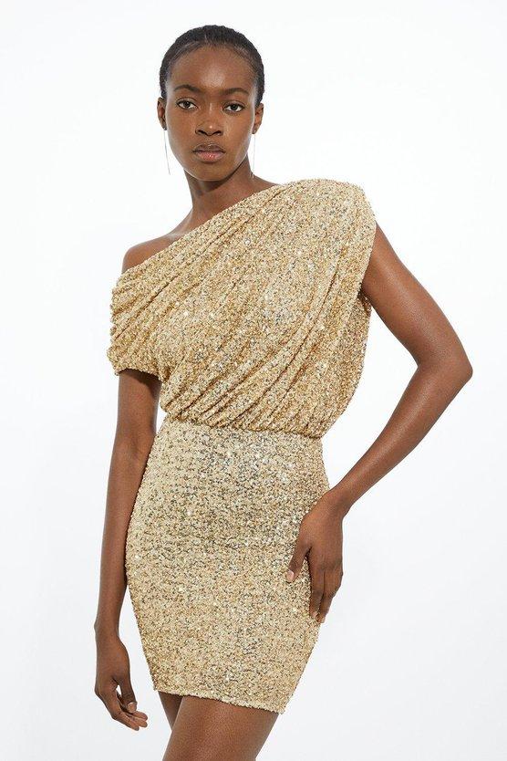 karen millen Draped One Shoulder Jersey Stretch Sequin Mini Dress gold
