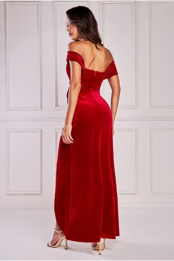 Karen Millen Draped Shoulder Velvet Corset Maxi Dress Red