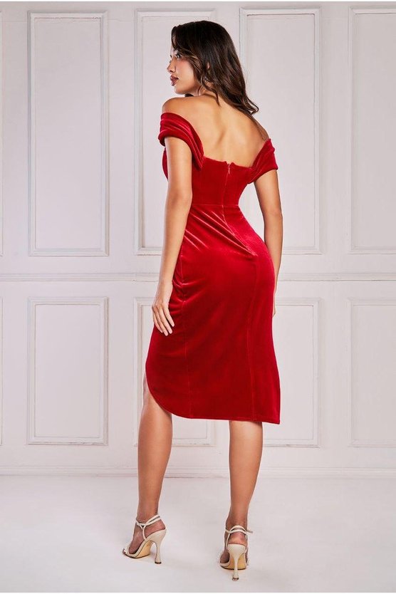 Karen Millen Draped Shoulder Velvet Corset Midi Red