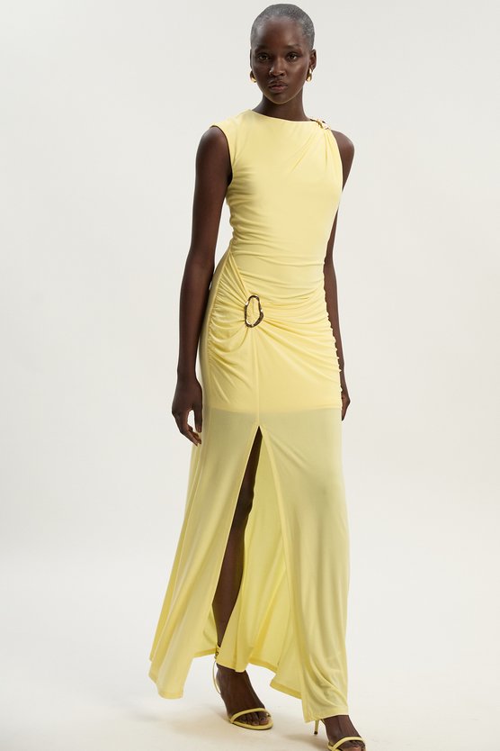 karen millen Drapey Crepe Trim Detail Ruched Maxi Dress lemon