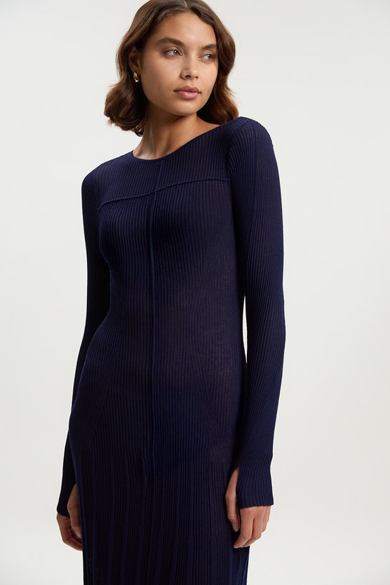 Karen Millen Drapey Sheer Rib Knitted Midi Dress Navy