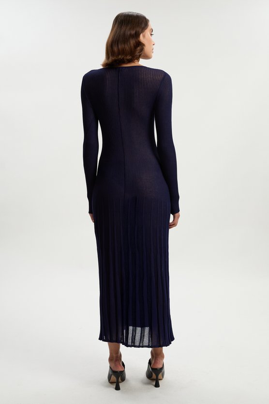 Karen Millen Drapey Sheer Rib Knitted Midi Dress Navy