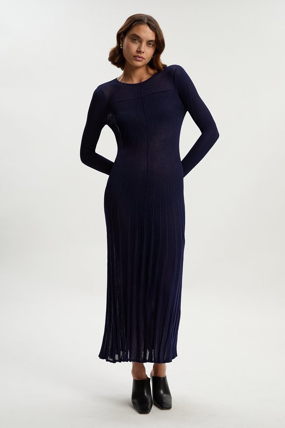 karen millen Drapey Sheer Rib Knitted Midi Dress navy