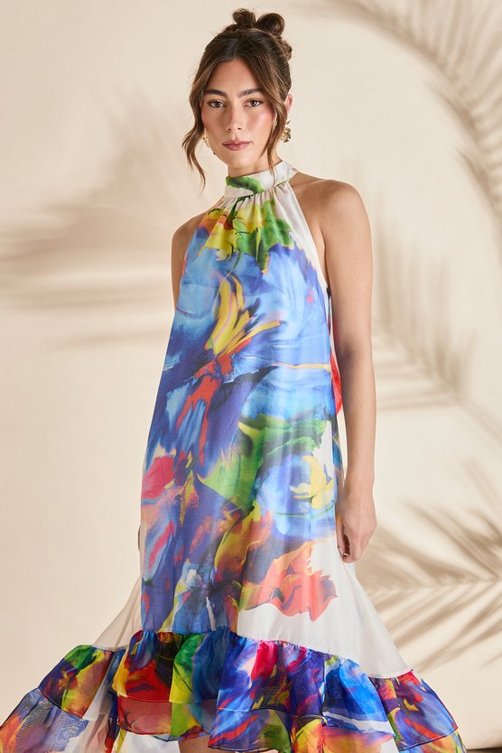 Karen Millen Drop Hem Halter Volume Maxi Dress Multi