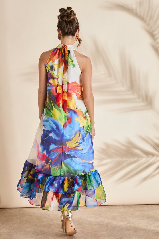 Karen Millen Drop Hem Halter Volume Maxi Dress Multi