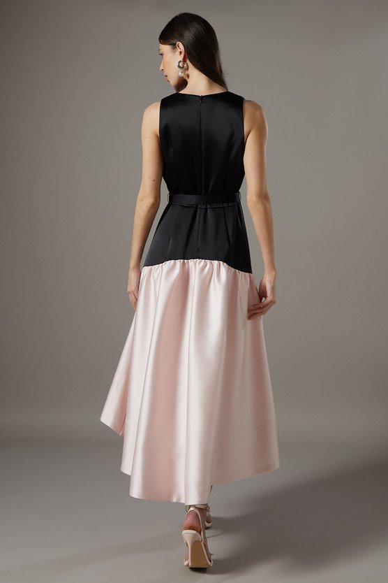 Karen Millen Drop Waist Satin Crepe Belted Midi Dress Mono