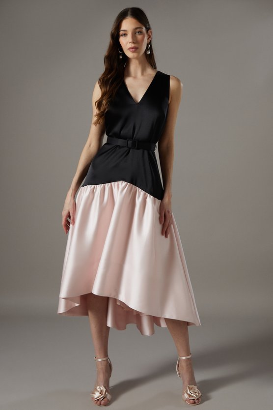 karen millen Drop Waist Satin Crepe Belted Midi Dress mono