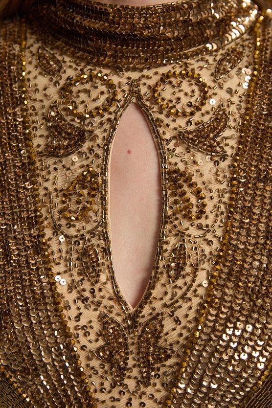 Karen Millen Embellished Beaded Cap Sleeve Woven Mini Dress Bronze