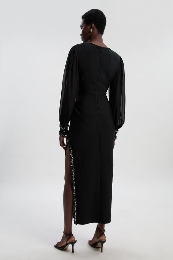 Karen Millen Embellished Figure Form And Chiffon Sleeve Midi Dress Black
