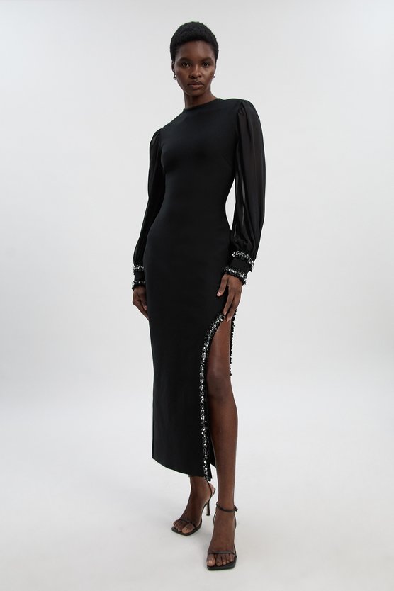 karen millen Embellished Figure Form And Chiffon Sleeve Midi Dress black