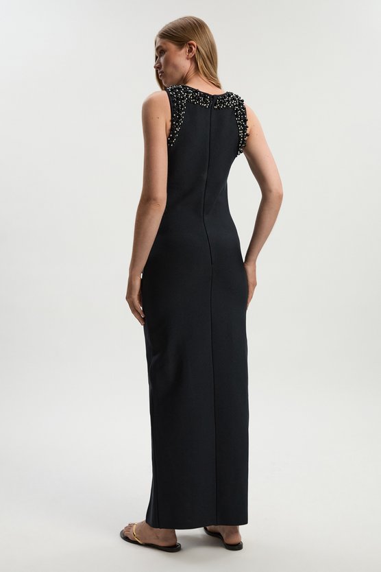 Karen Millen Embellished Figure Form Bandage Sleeveless Knit Maxi Dress Navy