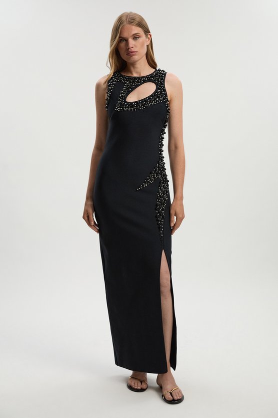 karen millen Embellished Figure Form Bandage Sleeveless Knit Maxi Dress navy