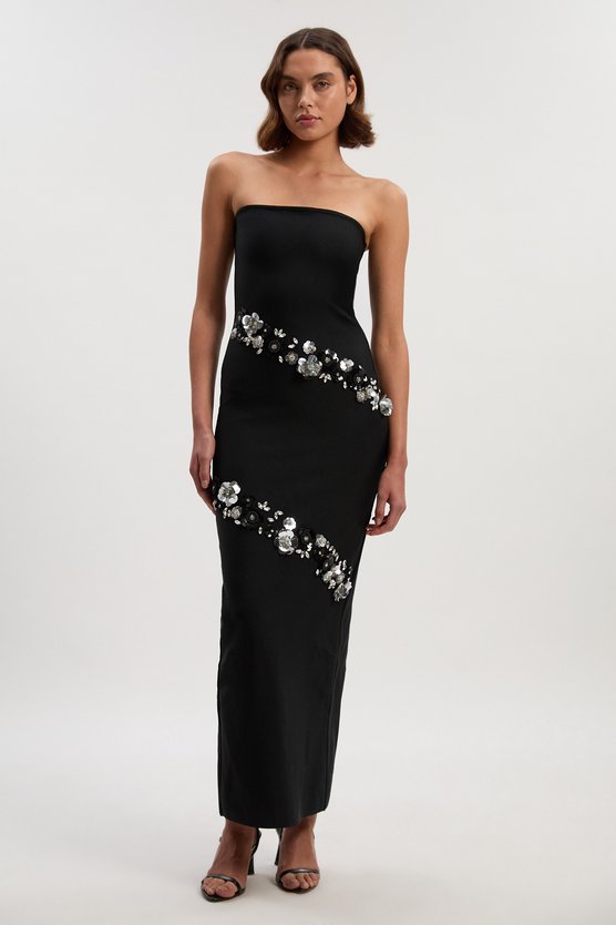 Karen Millen Embellished Figure Form Bandeau Maxi Dress Black