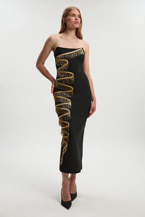 Karen Millen Embellished Fringe Bandeau Figure Form Maxi Dress Black