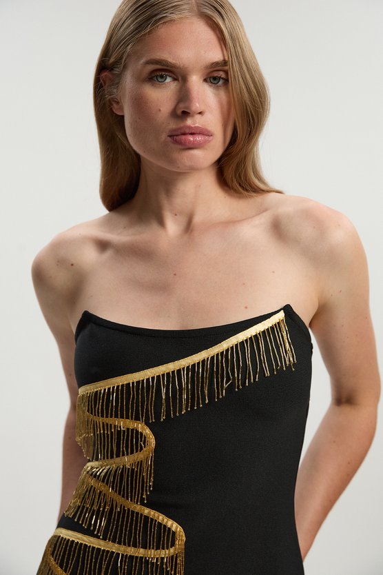 Karen Millen Embellished Fringe Bandeau Figure Form Maxi Dress Black