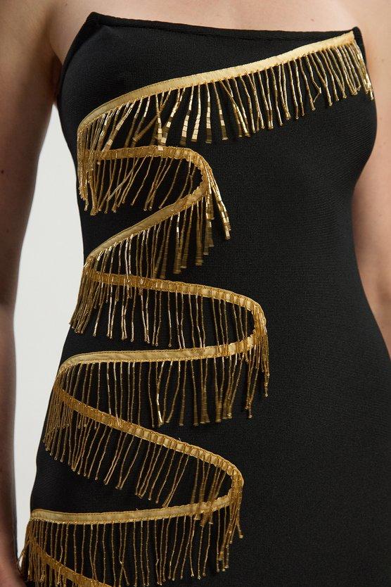 Karen Millen Embellished Fringe Bandeau Figure Form Maxi Dress Black