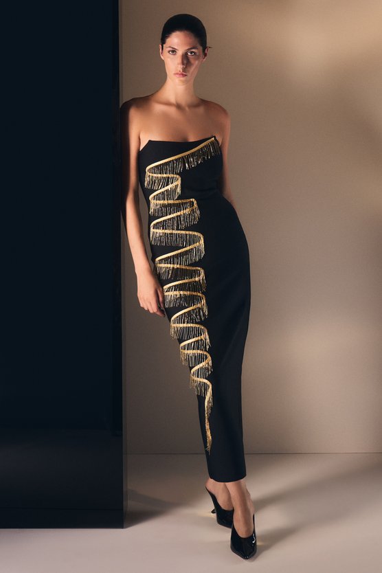 karen millen Embellished Fringe Bandeau Figure Form Maxi Dress black