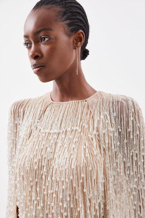 Karen Millen Embellished Fringe Caped Woven Mini Dress Black