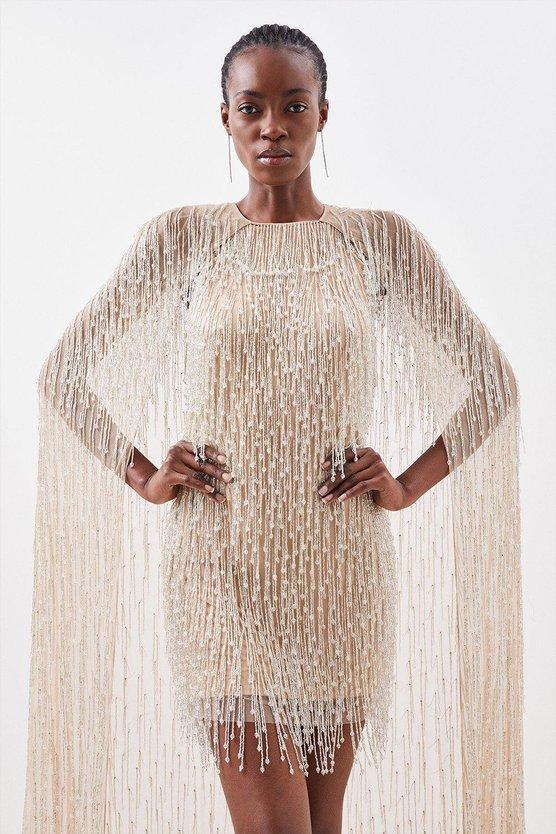 Karen Millen Embellished Fringe Caped Woven Mini Dress Black