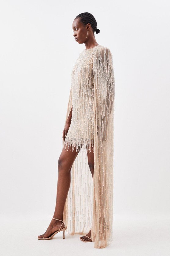 Karen Millen Embellished Fringe Caped Woven Mini Dress Black