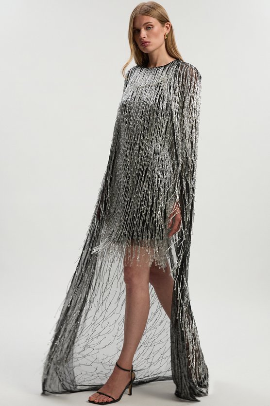 karen millen Embellished Fringe Caped Woven Mini Dress black karen millen Embellished Fringe Caped Woven Mini Dress black