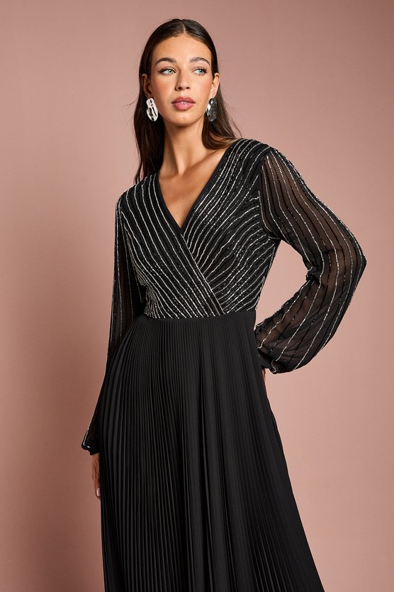 Karen Millen Embellished Wrap Bodice Midi Dress With Pleated Skirt Black
